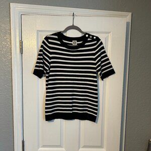 Anne Klein, Black/White, Gold Accent Buttons, Short Sleeve Sweater, Size Medium